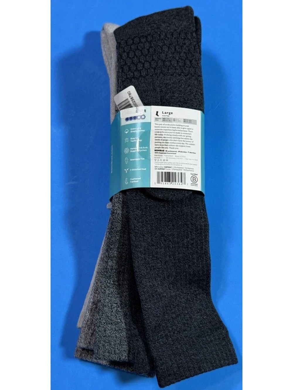 4 Pack Bombas Gray Knee Socks Supima Cotton LARGE M (9.5 -13) W (11-13)